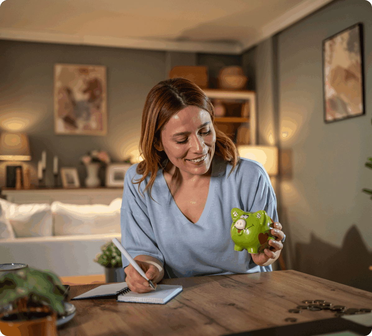 Woman enjoying a green cocktail at home, smiling while taking notes.
